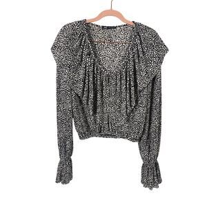 Zara Women Spotted Crinkle Blouse Bell Sleeve Elastic Waist Top Black White S
